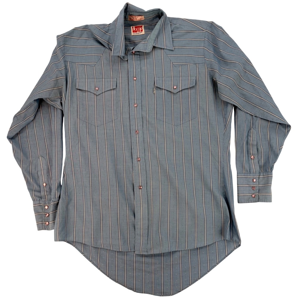Levi's Western Pearl Snap Shirt Large Blue Striped Vintage Cowboy Tailor Retro